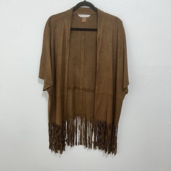 Peter Nygard Brown Fringe Suede Feel Cardigan Boho Layering L Western Cowgirl - Picture 1 of 10